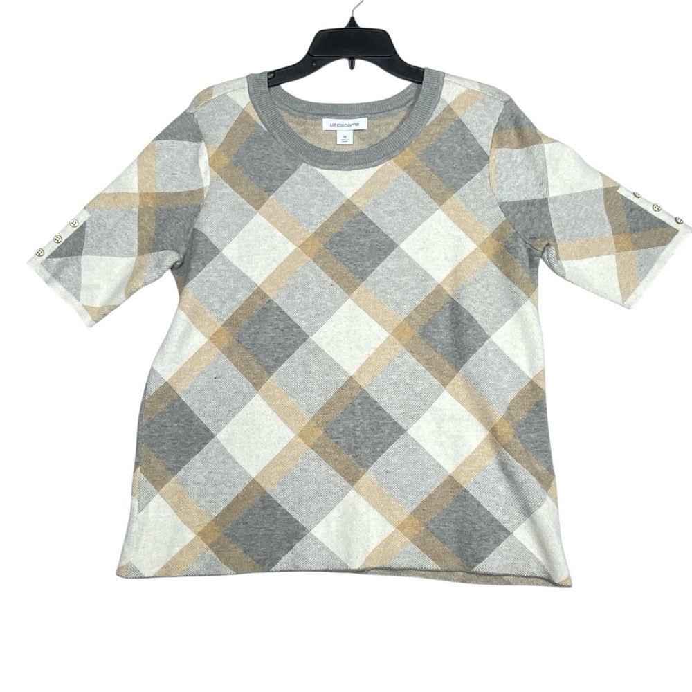 Liz Claiborne Sweater Womens M Argyle Diamond Crew Neck Short Sleeve Cozy Warm